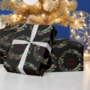 Papel De Presente Natal Holly Berry Pine Cones Wreath Black