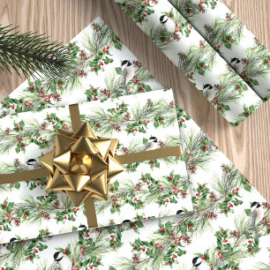 Papel De Presente Natal Holly e Pine Chickadees