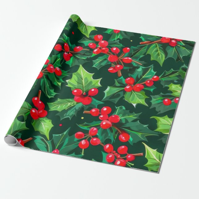 Papel De Presente Natal Holly Sai e Berries Patterno (Desenrolado)