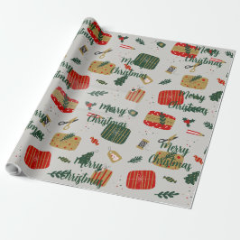 Papel De Presente Natal Ilustrado Cinza, Vermelho e Dourado Fofo