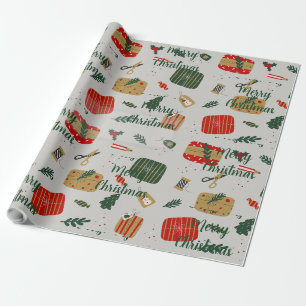 Papel De Presente Natal Ilustrado Cinza, Vermelho e Dourado Fofo