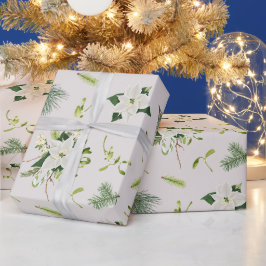 Papel De Presente Natal Ilustrado Floral Verde Branco