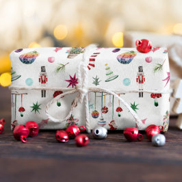 Papel De Presente Natal Kitsch | Ornamentos Retro e Padrão de Árvore