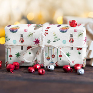 Papel De Presente Natal Kitsch Ornamentos Retro e Padrão de Árvore