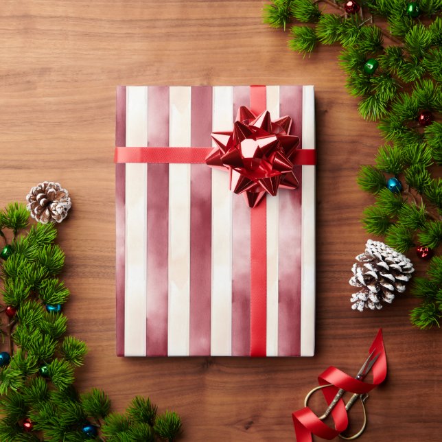 Papel De Presente Natal Listras Creme Borgonha Vermelho (Presente de Natal)