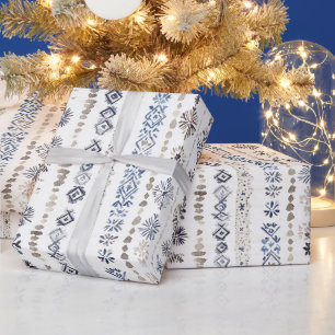Papel De Presente Natal Listras Creme Branco Azul