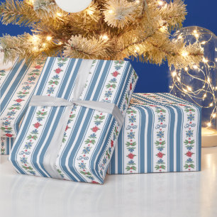 Papel De Presente Natal Listras Nórdicas Folk Azul Vermelho