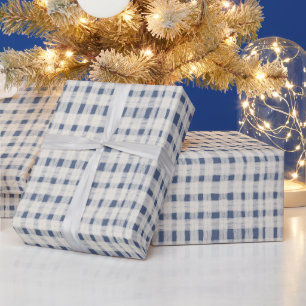 Papel De Presente Natal Listras Xadrez Branco Azul
