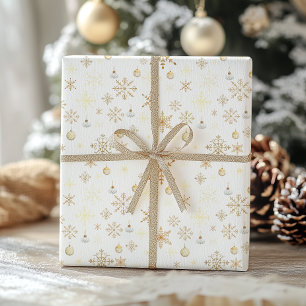 Papel De Presente Natal Luxuoso com Flocos de Neve Branco e Dourado