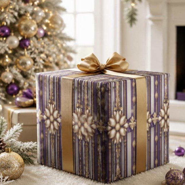 Papel De Presente Natal Luxuoso com Listras Roxas e Douradas (Criador carregado)