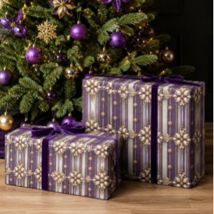 Papel De Presente Natal Luxuoso com Listras Roxas e Douradas