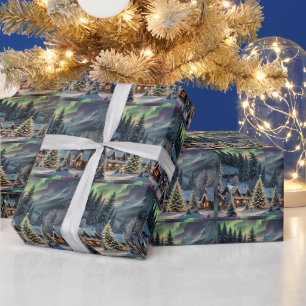 Papel De Presente Natal Mágico, Aldeia de Montanha, Luzes Polares