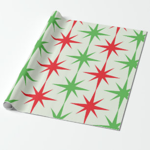 Papel De Presente Natal Meados do Século Vermelho Verde Explosões Es