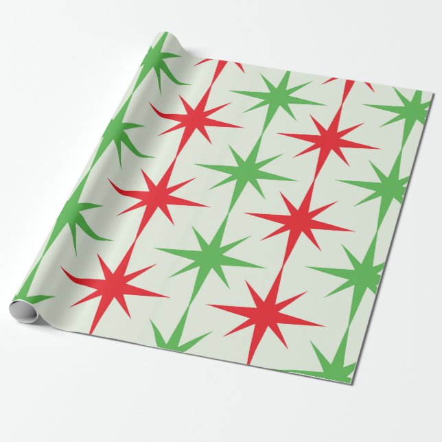 Papel De Presente Natal Meados do Século Vermelho Verde Explosões Es (Desenrolado)