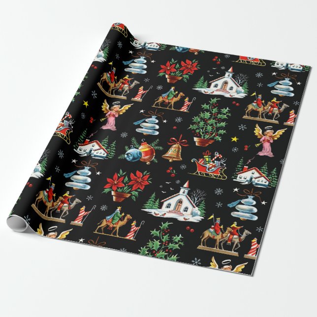 Papel De Presente Natal Meio do Século à Meia-Noite (Desenrolado)