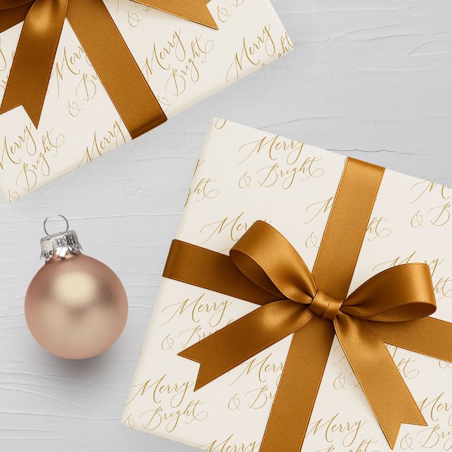 Papel De Presente Natal Merry & Bright com Letra Dourada (Criador carregado)