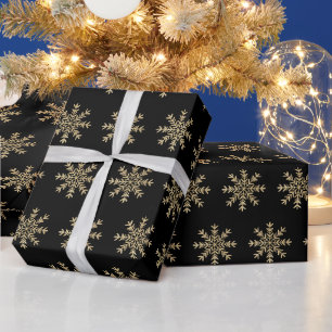 Papel De Presente Natal minimalista preto e Dourado flocos de neve