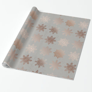 Papel De Presente Natal Moderno Elegante  Flocos de neve Rosa Dourad