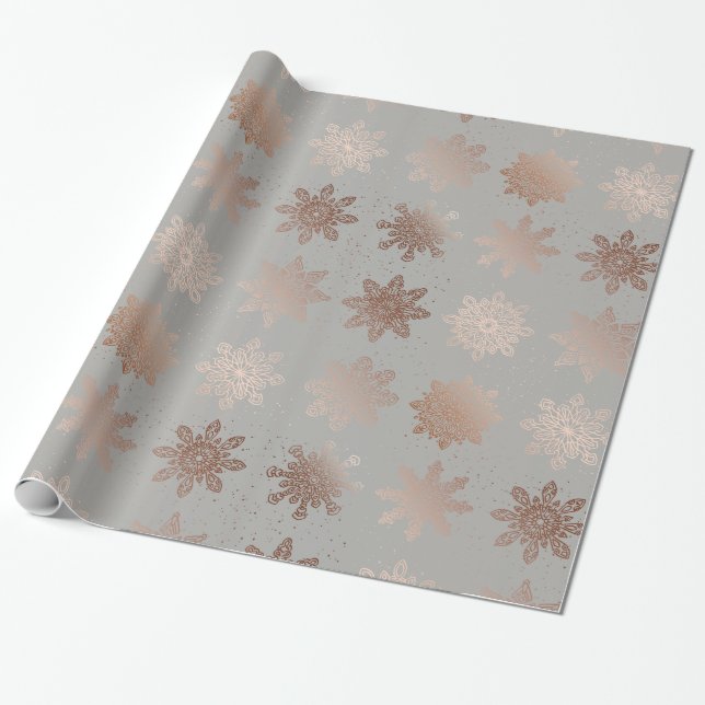 Papel De Presente Natal Moderno Elegante| Flocos de neve Rosa Dourad (Desenrolado)