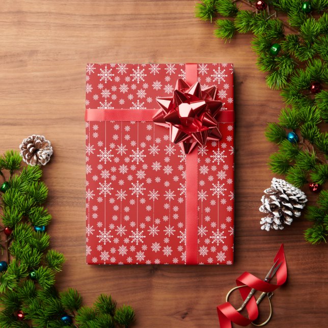 Papel De Presente Natal Moderno em Vermelho e Branco com Flocos de N (Presente de Natal)