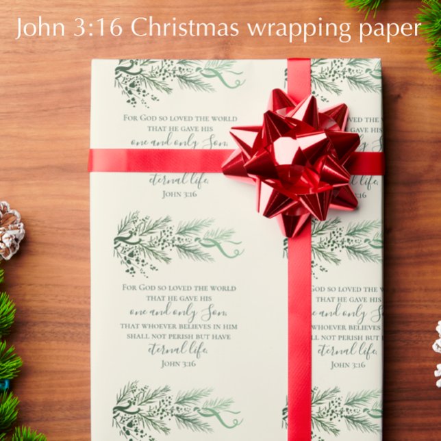 Papel De Presente Natal Moderno Extraordinário de Bíblia John 3:16 (John 3:16 elegant pine art Christmas wrapping paper. Christian scripture Christmas gift wrap.)