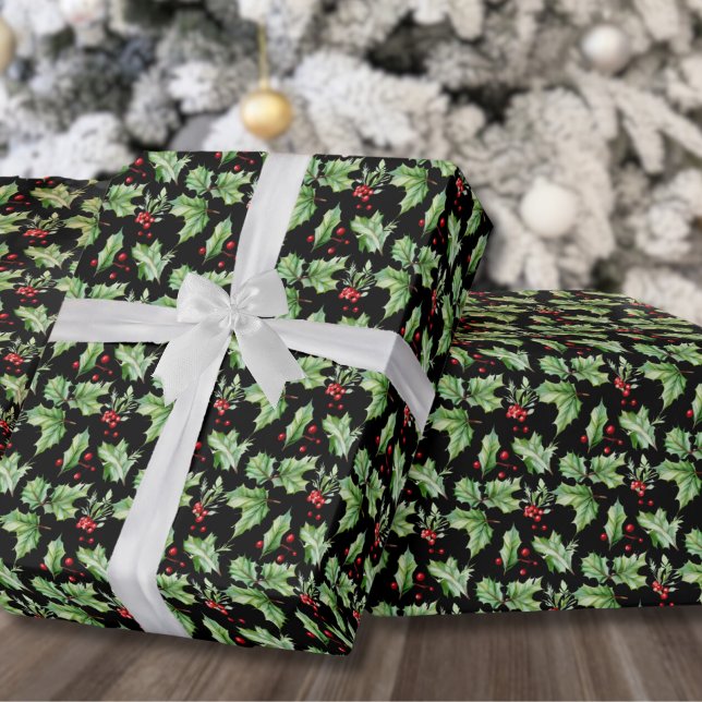 Papel De Presente Natal Moderno Holly Berry (Festive Black Holly Berries Christmas Wrapping Paper)