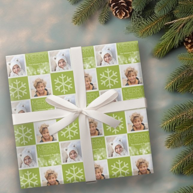 Papel De Presente Natal Moderno Personalizado com Bokeh Verde (Personalized wrapping paper with 2 photos)
