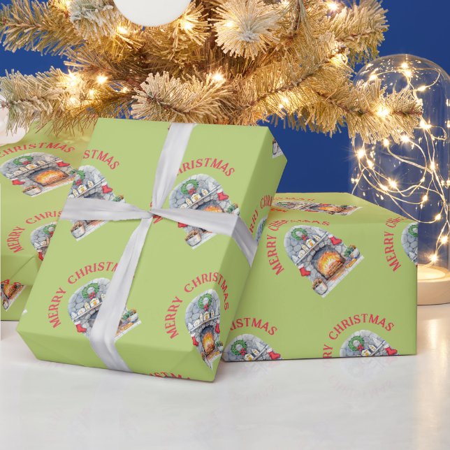 Papel De Presente Natal Moderno Vermelho Verde Lareira  (Feriados)