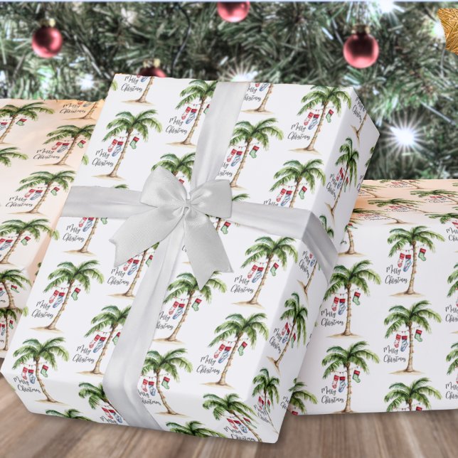 Papel De Presente Natal na Praia Tropical (Tropical Beach Christmas Wrapping Paper )