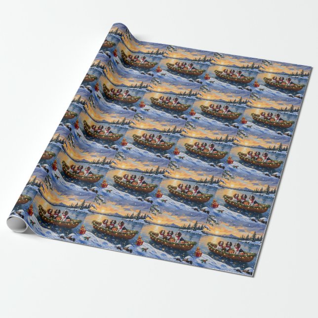 Papel De Presente Natal no barco com Brittany Spaniel (Desenrolado)