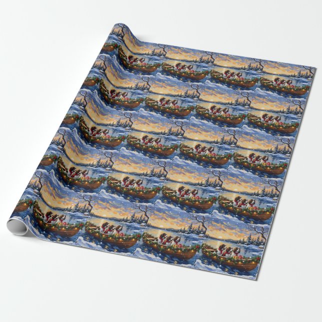 Papel De Presente Natal no barco do Springer Spaniel no Natal (Desenrolado)