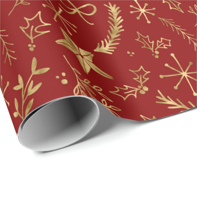 Papel De Presente Natal - Padrão Dourado do Shimmer Xmas - VERMELHO (Ponta do rolo)