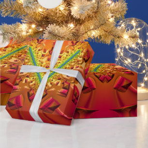 Papel De Presente NATAL ~ Padrão Fractal Vermelho Verde Dourado ~