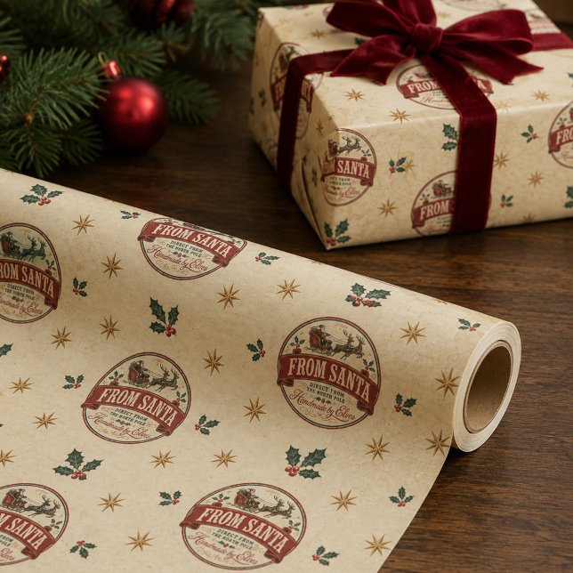 Papel De Presente Natal Papai Noel Vintage Clássico (Vintage From Santa wrapping paper with reindeer, holly and nostalgic North Pole charm.)