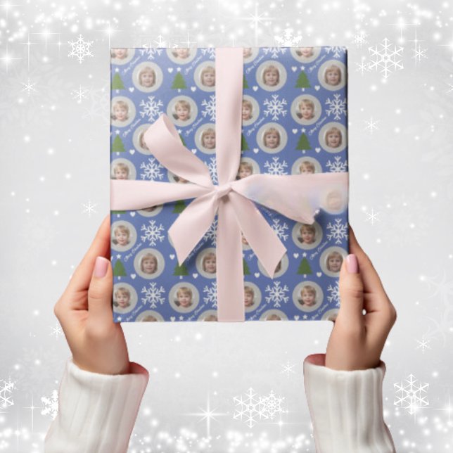 Papel De Presente Natal Personalizado da Família Azul Elegante (custom photo Christmas wrapping paper)