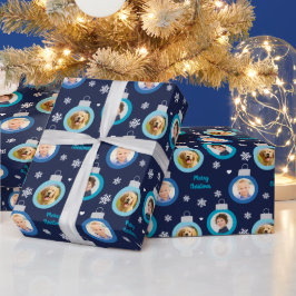 Papel De Presente Natal Personalizado para Ornamentos de Fotos Azul 