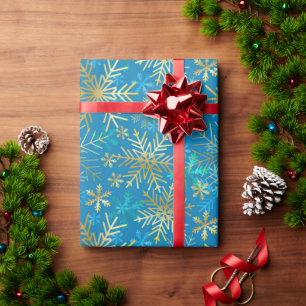 Papel De Presente Natal Prata Dourado Azul Inverno Flocos de Neve