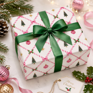 Papel De Presente Natal Préppy com Treliça de Cana-de-Açúcar Rosa e