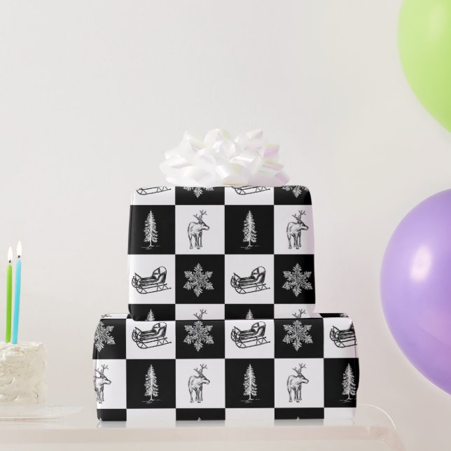 Papel De Presente Natal preto e branco moderno elegante (Presentes para festas)