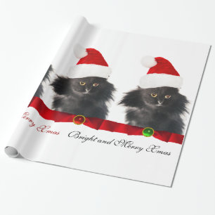 PAPEL DE PRESENTE NATAL PRETO, GATO DE SANTA CLAUS HAT E BORRACHA VE