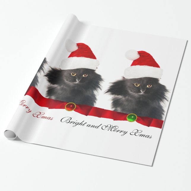 PAPEL DE PRESENTE NATAL PRETO, GATO DE SANTA CLAUS HAT E BORRACHA VE (Desenrolado)