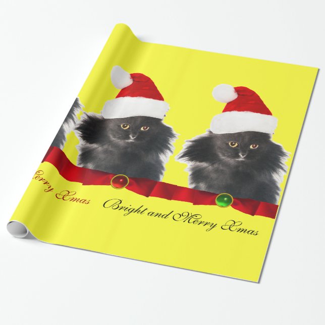 PAPEL DE PRESENTE NATAL PRETO, GATO DE SANTA CLAUS HAT E BORRACHA VE (Desenrolado)