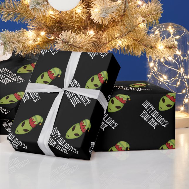 Papel De Presente Natal preto personalizado de elfo alienígena verde (Feriados)