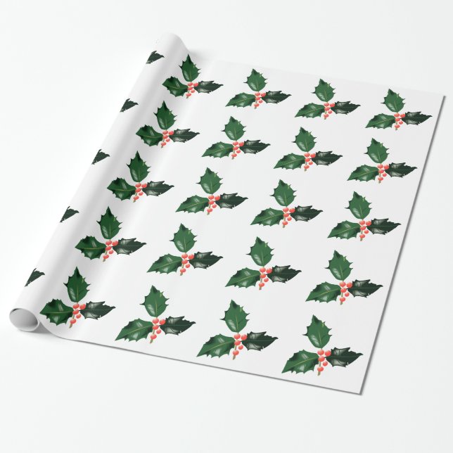 Papel De Presente Natal Red Green Holly Berries Feriado de Natal (Desenrolado)