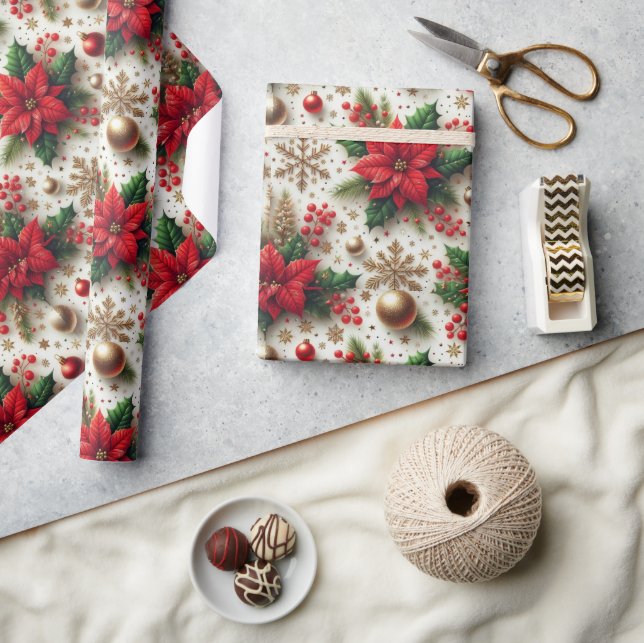 Papel De Presente Natal Red Poinsettia Dourada Floco de Neve Glossy (Artesanato)