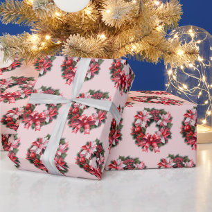 Papel De Presente Natal Red Poinsettia e Berries Wreath Pink