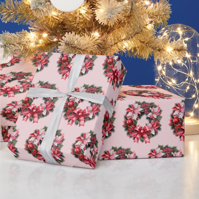 Papel De Presente Natal Red Poinsettia e Berries Wreath Pink (Feriados)
