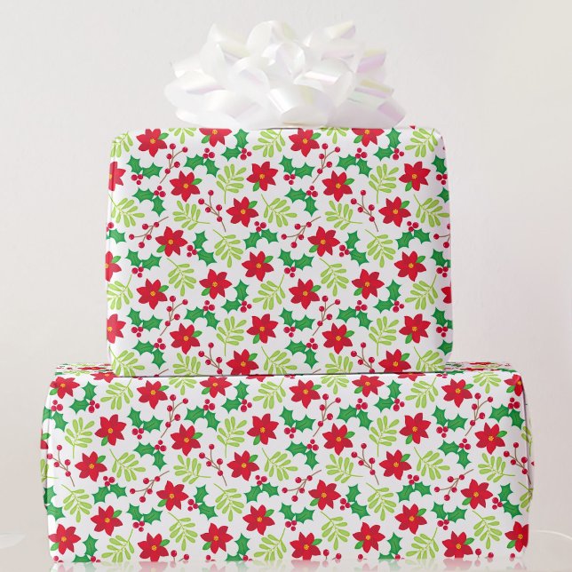 Papel De Presente Natal Red Poinsettia Green Holly Gift (Criador carregado)