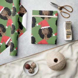 Papel De Presente Natal Red Santa Hat, Mulher Negra, Verde