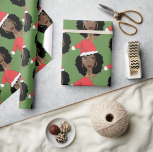 Papel De Presente Natal Red Santa Hat, Mulher Negra, Verde